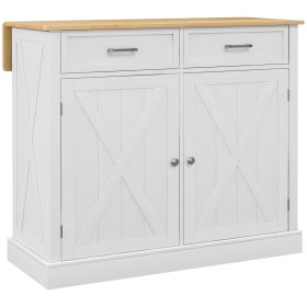 Farmhouse Kitchen Island Cart with Drop Leaf Breakfast Bar, 2 Drawers, Adjustable Shelves, White Wood