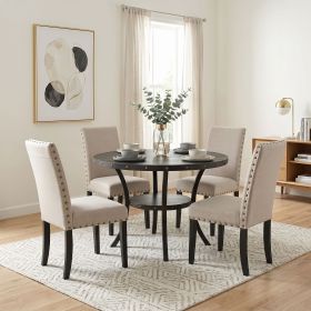 Biony Espresso Wood Dining Set with Tan Fabric Nailhead Chairs