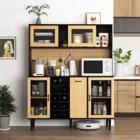 59" H Buffet Sideboard Cabinet with Storage Door & Power Outlet, Farmhouse Coffee Bar Cabinet with Wine Rack, Kitchen Pantry Living Room Black&Na