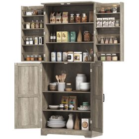Farmhouse Kitchen Pantry, 72" Tall Pantry Cabinet with 4 Barn Doors, 4 Adjustable Shelves and 8 Door Shelves, Gray Wash
