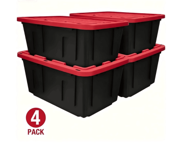27 Gallon Large Storage Bin with Snap Lid, Black and Red, Heavy Duty Plastic Storage Container (Pack Size: 4 Pack)